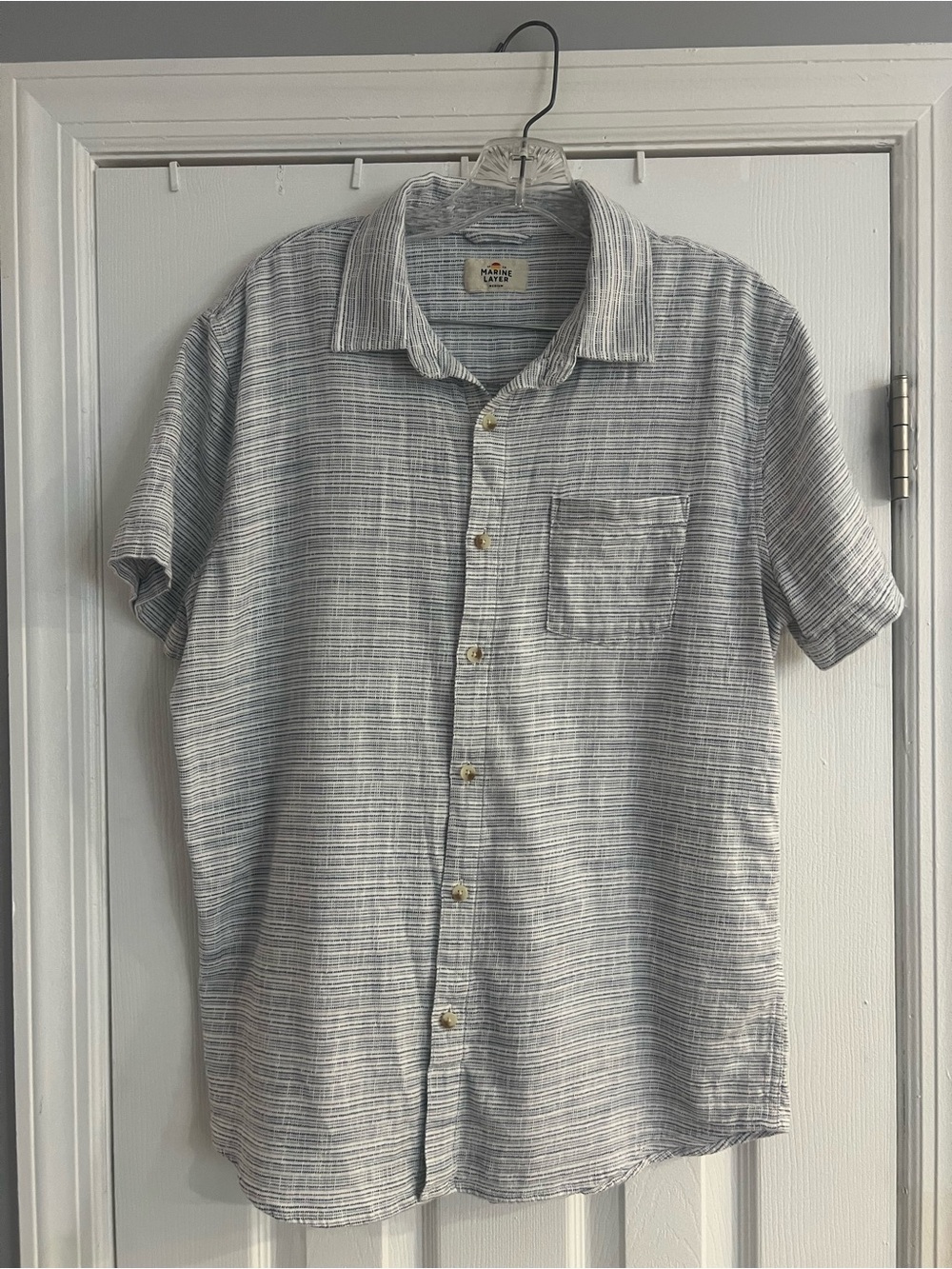 Marine Layer Casual Short-Sleeve Button-Up Shirt - Light Gray and Blue Stripe